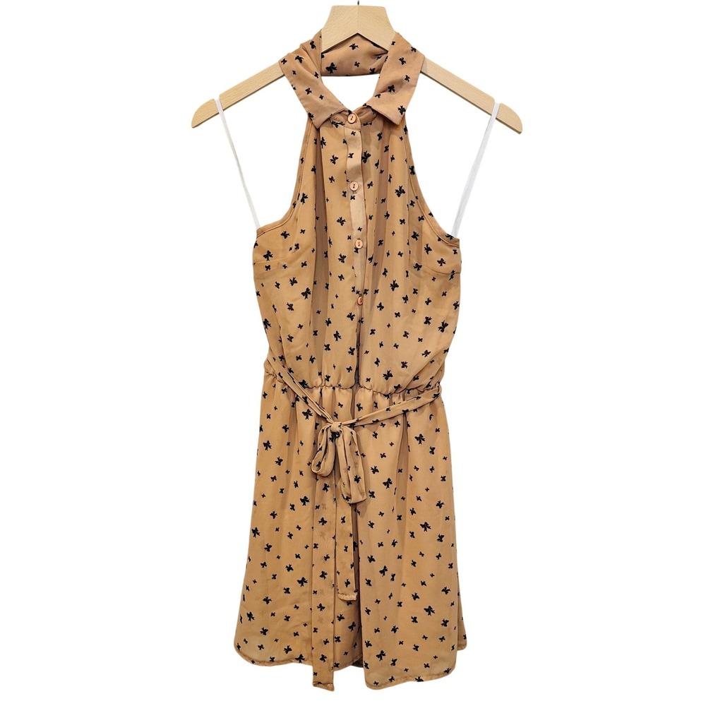 Charlotte Russe Dress Women Tan Black Bow Print Halter Coquette Retro MED